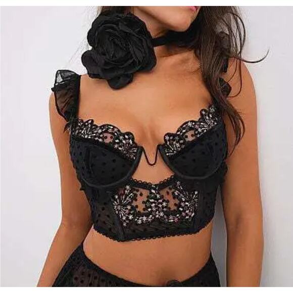 For Love & Lemons Caprice Bustier Bra 32D Black Velvet Dots Ruffle Sexy Coquette - Picture 1 of 13